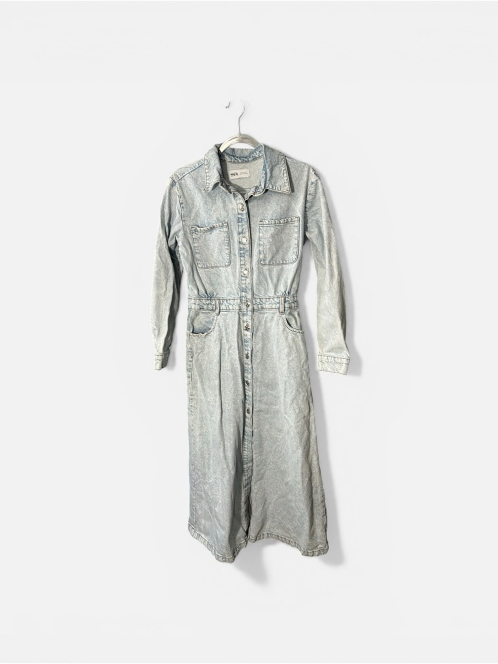 Zara Light Acid Wash Denim Button Up Maxi Dress Shirt Dress Womens Sz M
